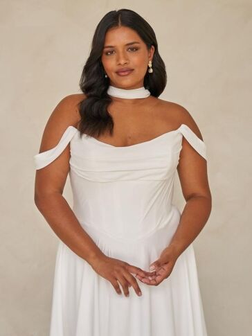 Wildermae A-line minimalist romantic modern off-shoulder wedding dress with scarf