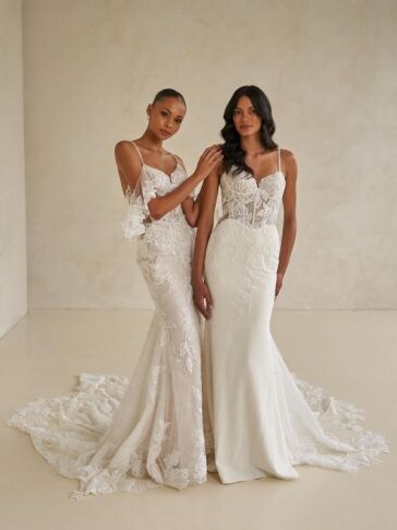 Winona Lace off the shoulder fit and flare wedding dress with thin straps and sweetheart neckline.